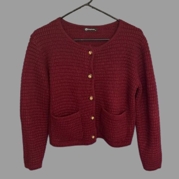 Pretty Garden Sweaters - Pretty Garden Burgundy Textured Knit Cardigan - Gold Button Front - Size M